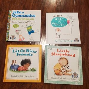 4 childrens picture books -hard cover Jake Gymastics Whats Opposite Little Bitty